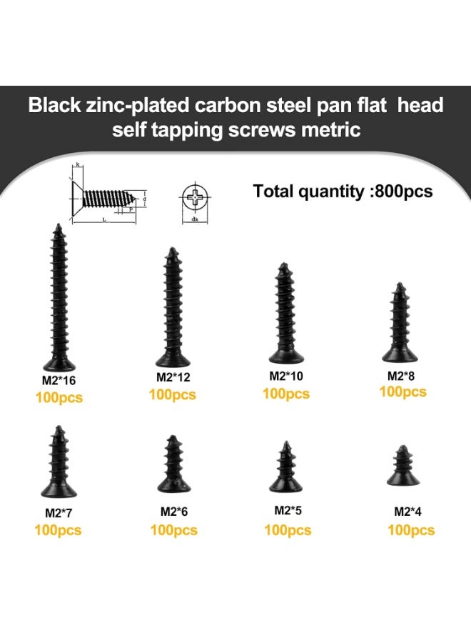 VIUAUAX 800 Pcs M2 Self Tapping Screw Kit Small Black Carbon Steel Self Drilling Screws Tiny Wood Screw Flat Countersunk Cross Head Screws Assortment Set for Wood Soft Metal Plastic 4/5/6/7/8/10/12/16 mm - Image 2